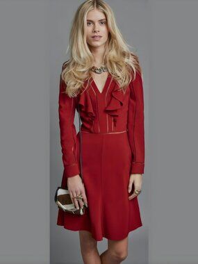 Roberto Cavalli Brick Red Viscose Ruffle Midi Dress - US 8